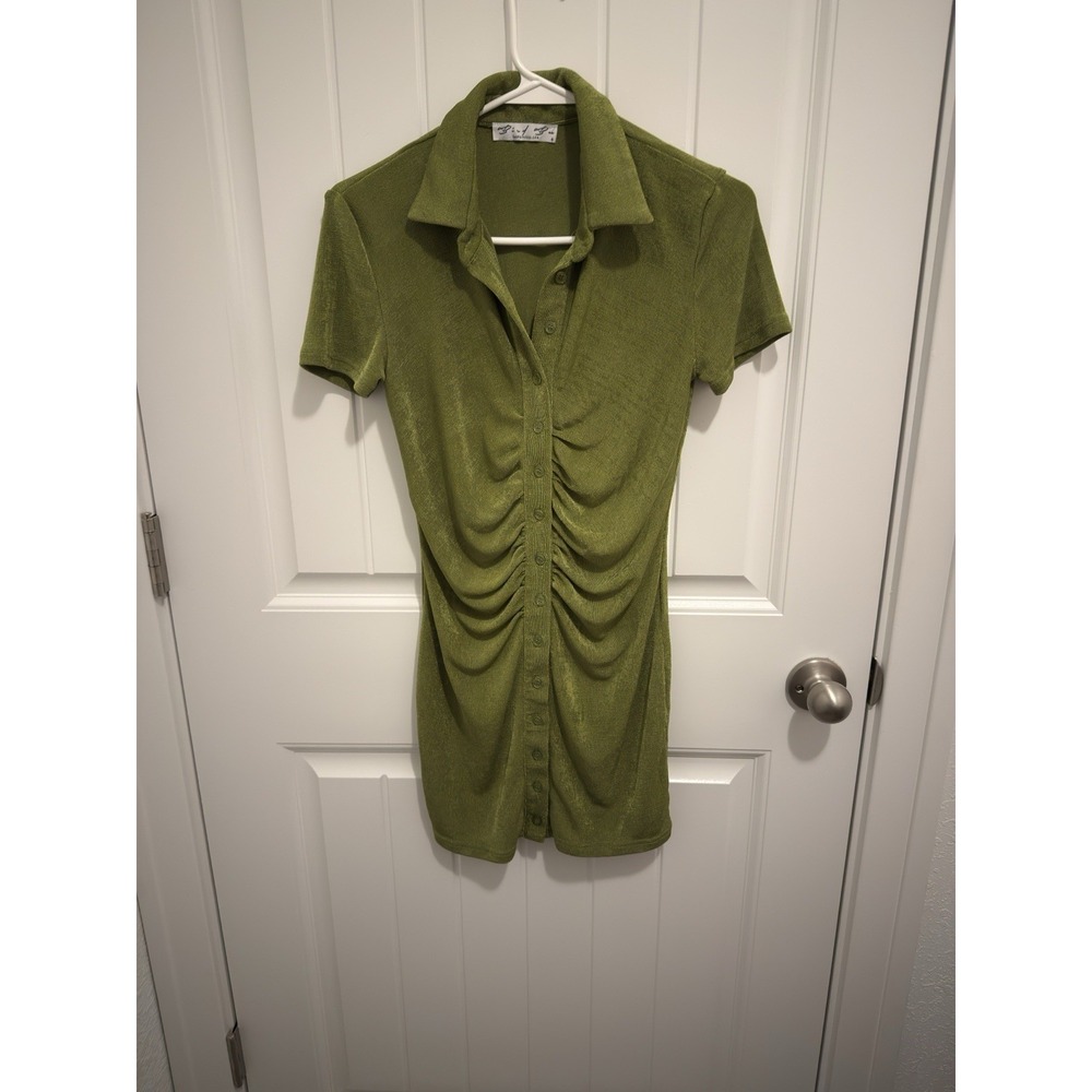 Bird & Bee Olive Green Ruched Button Front Short‎ Sleeve Shirt Dress Size S